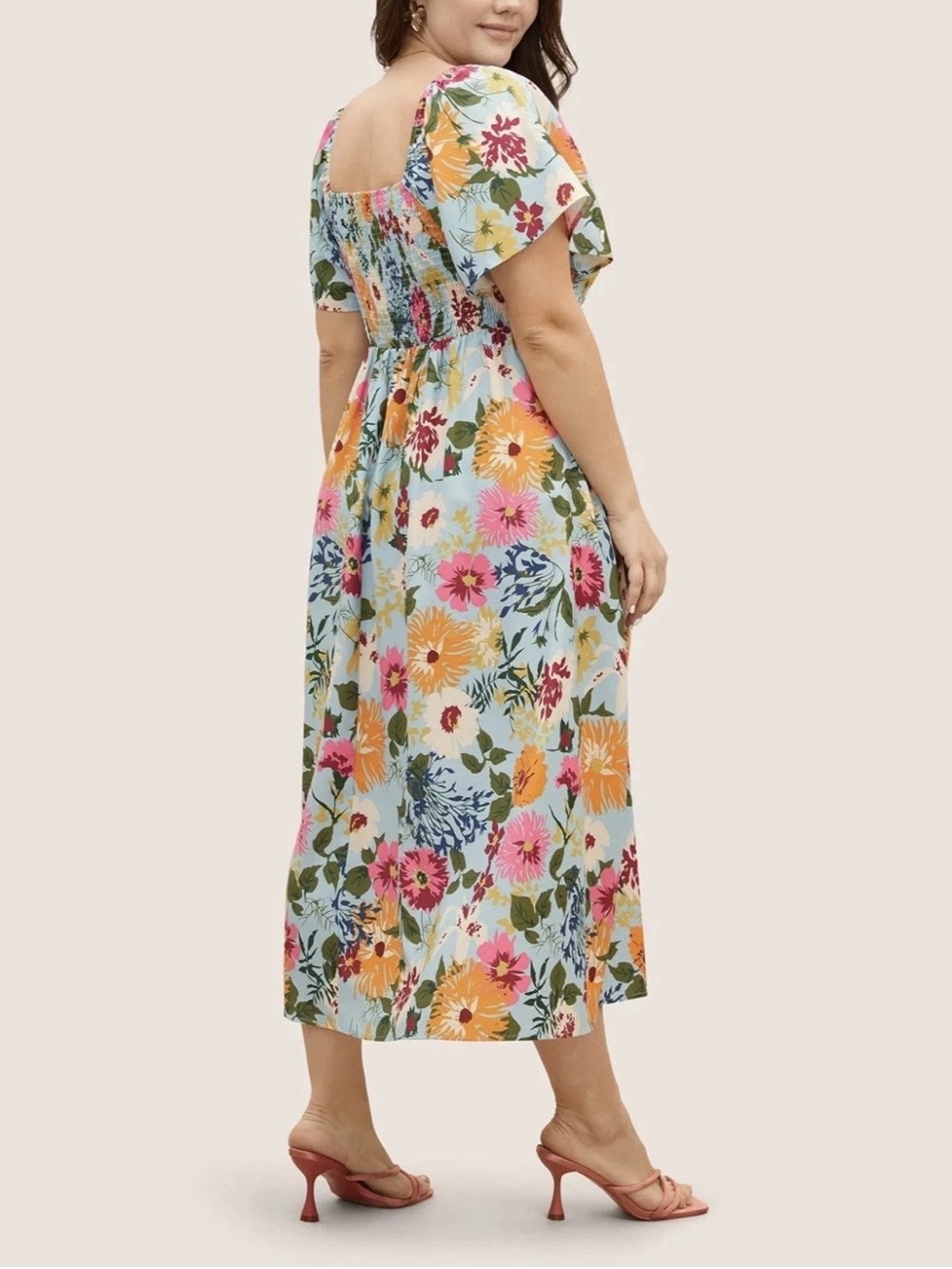 BloomChic 2X Floral Smocked Midi Dress Blue Boho Flutter Sleeve Pockets - Picture 5 of 6
